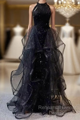 Vintage A Line Halter Black Party Dresses Sequin Semi Formal Prom Dresses